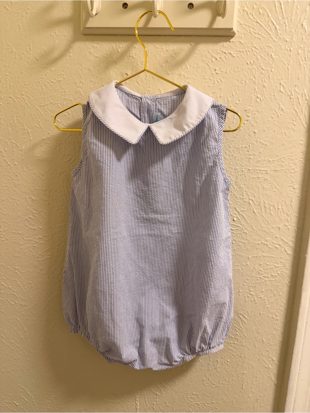 Baby Girl Blue Seersucker Bubble Romper with White Peter Pan Collar